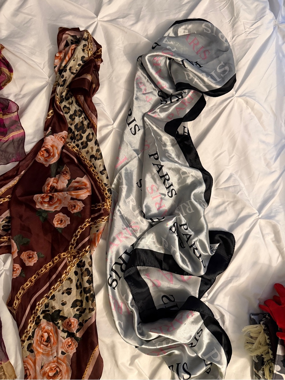Women’s Satin Mixed Pattern Silk Scarves Burgundy Magenta Vintage Silver Black - Picture 4 of 4